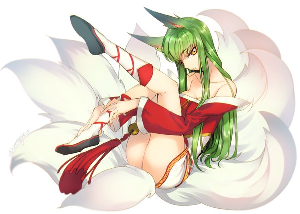 Anime picture 1023x731 with code geass league of legends sunrise (studio) c.c. creayus single long hair looking at viewer fringe breasts light erotic simple background sitting animal ears yellow eyes bent knee (knees) ass tail traditional clothes head tilt