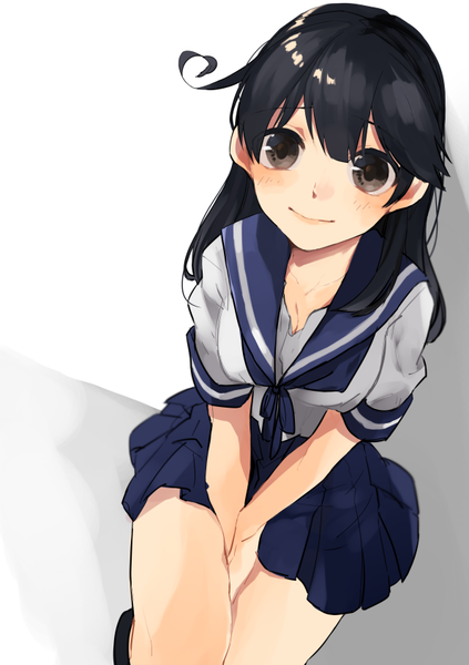 Anime picture 595x842 with kantai collection ushio destroyer hita (hitapita) single long hair tall image blush fringe black hair simple background smile hair between eyes sitting ahoge from above black eyes grey background looking up girl uniform