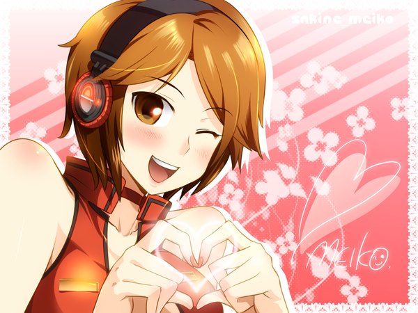 Anime picture 1600x1200 with vocaloid meiko caffein single short hair open mouth brown hair brown eyes nail polish one eye closed wink heart hands girl heart headphones