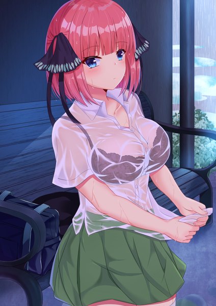 Anime picture 2480x3508 with go-toubun no hanayome nakano nino yagiryu single tall image looking at viewer blush fringe highres short hair breasts blue eyes light erotic large breasts standing pink hair outdoors blunt bangs pleated skirt short sleeves