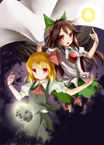 Anime picture 1000x1390 with touhou reiuji utsuho rumia sakura yuuya long hair tall image blush short hair open mouth black hair blonde hair red eyes brown hair multiple girls girl dress 2 girls wings moon planet