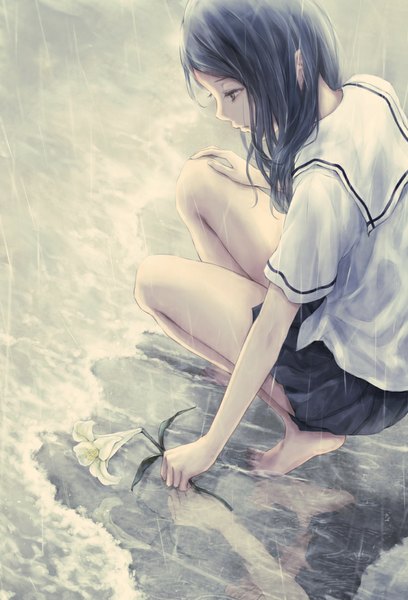 Anime picture 748x1100 with original nuwanko single long hair tall image black hair brown eyes profile barefoot rain girl skirt uniform flower (flowers) serafuku