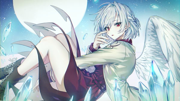 Anime picture 1920x1080 with touhou kishin sagume here (hr rz ggg) single looking at viewer highres short hair red eyes wide image silver hair half updo lacing single wing girl dress wings moon knee boots full moon cross-laced footwear