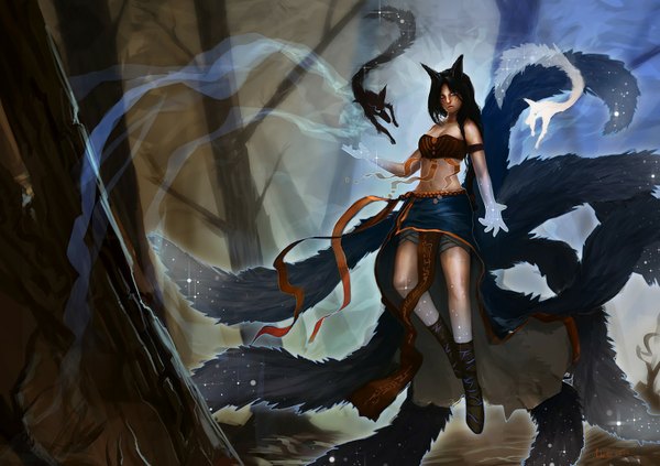 Anime picture 1600x1129 with league of legends ahri (league of legends) single long hair looking at viewer black hair animal ears fox ears fox tail multiple tails ghost girl navel ribbon (ribbons) fox