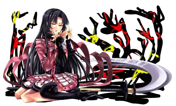 Anime picture 1650x1000 with sengoku basara production i.g oichi single long hair black hair wide image sitting black eyes girl gloves flower (flowers) weapon armor