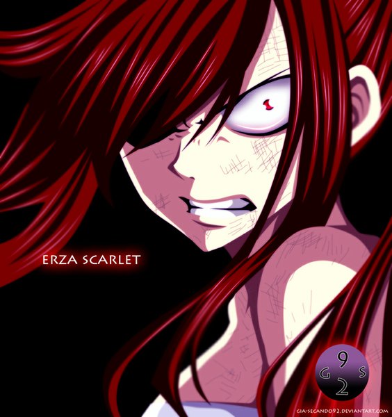 Anime picture 1000x1064 with fairy tail erza scarlet seireiart single long hair tall image fringe red eyes red hair hair over one eye inscription grin coloring black background angry girl