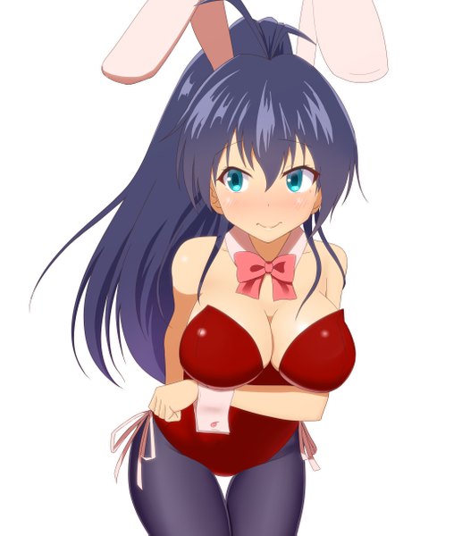 Anime picture 2096x2429 with idolmaster ganaha hibiki taka (takahirokun) single long hair tall image blush highres breasts light erotic black hair simple background white background bare shoulders animal ears looking away cleavage ponytail aqua eyes bunny ears