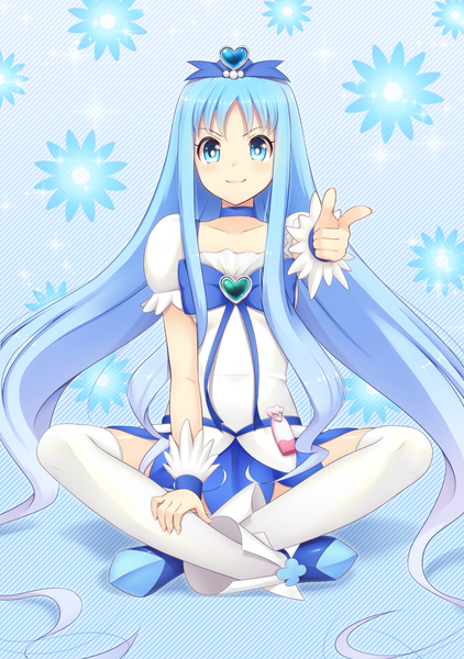 Anime picture 1000x1421 with precure heartcatch precure! toei animation kurumi erika cure marine mijinko (rioriorio) single tall image looking at viewer blue eyes smile sitting blue hair full body very long hair puffy sleeves outstretched arm blue background magical girl indian style