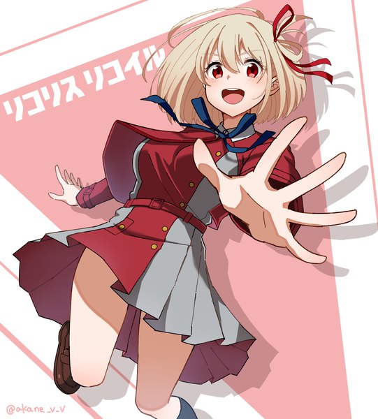 Anime picture 2400x2664 with lycoris recoil nishikigi chisato akane (akaneoekaki0928) single tall image looking at viewer fringe highres short hair open mouth blonde hair hair between eyes red eyes signed :d shadow copyright name twitter username girl uniform