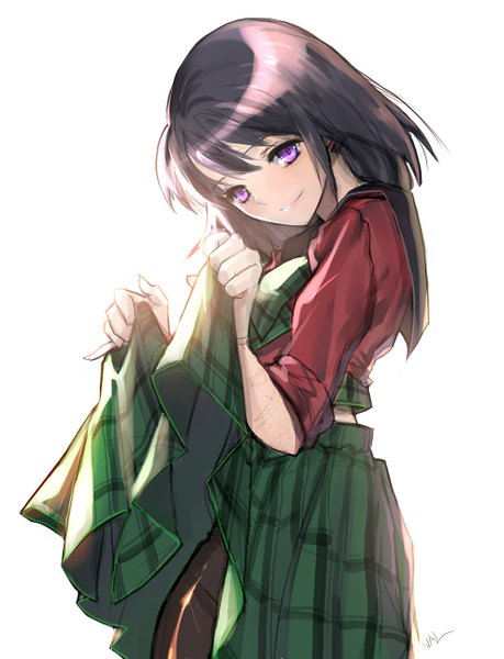 Anime picture 1000x1306 with bishoujo senshi sailor moon toei animation tomoe hotaru sailor saturn nal (artist) single tall image looking at viewer short hair light erotic black hair simple background smile white background purple eyes signed pleated skirt sunlight plaid skirt twisty sleeves