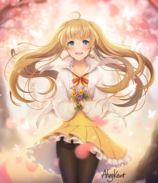 Anime picture 2600x3000 with original ahngkeut single long hair tall image looking at viewer blush highres open mouth blue eyes blonde hair smile twintails signed ahoge outdoors cherry blossoms skirt flip girl dress