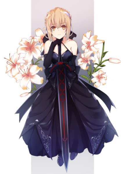 Anime picture 1000x1381 with fate (series) fate/stay night artoria pendragon (all) saber alter peupeuking single tall image looking at viewer fringe short hair breasts simple background blonde hair hair between eyes standing bare shoulders holding yellow eyes payot full body