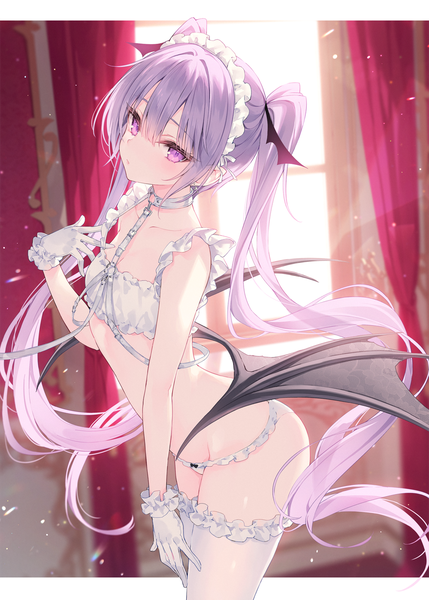 Anime picture 1000x1398 with original eve (rurudo) rurudo single long hair tall image looking at viewer blush fringe light erotic hair between eyes standing purple eyes twintails payot purple hair indoors head tilt blurry depth of field