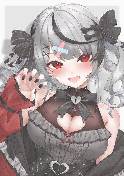Anime picture 2480x3508 with virtual youtuber hololive sakamata chloe sakamata chloe (jirai kei) a9 (repainter) single long hair tall image looking at viewer blush highres breasts open mouth light erotic red eyes large breasts twintails cleavage silver hair upper body