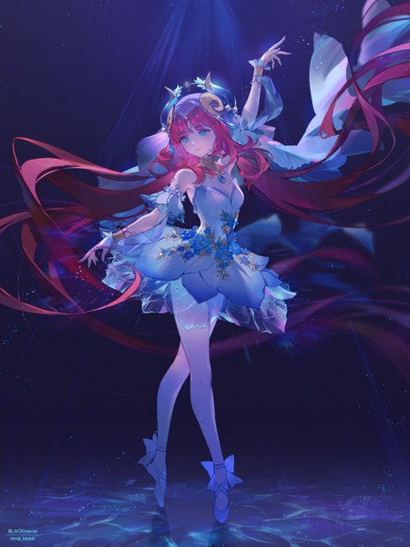 Anime picture 3200x4267 with genshin impact nilou (genshin impact) miji black single tall image highres blue eyes twintails signed looking away absurdres full body red hair very long hair horn (horns) light smile low twintails dancing ballerina ballet