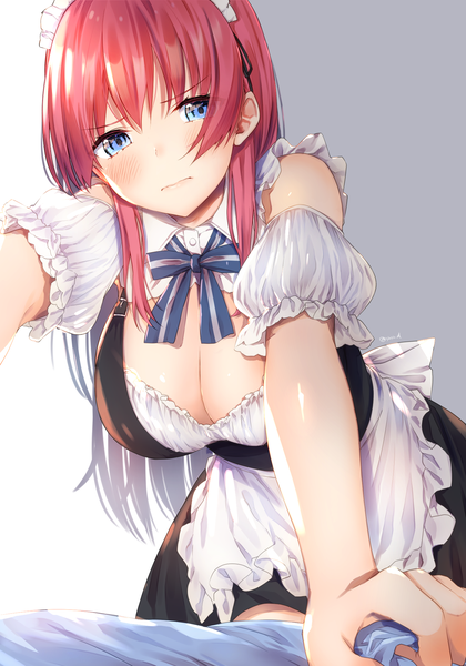 Anime picture 1432x2044 with original yu yu single long hair tall image looking at viewer blush fringe breasts blue eyes light erotic hair between eyes large breasts payot pink hair cleavage head tilt maid frown self shot