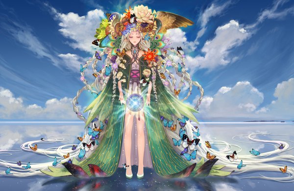 Anime picture 2185x1417 with original teddy yang single highres open mouth blonde hair standing sky cloud (clouds) braid (braids) eyes closed very long hair hair flower magic girl hair ornament flower (flowers) plant (plants) wings insect