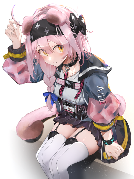 Anime picture 3000x4000 with arknights goldenglow (arknights) heimu (heim kstr) single long hair tall image fringe highres simple background hair between eyes white background animal ears yellow eyes pink hair ahoge tail braid (braids) animal tail from above cat ears
