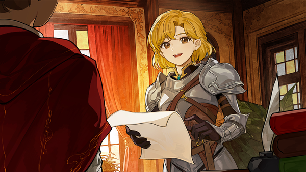 Anime picture 1920x1080 with volcano princess rose (volcano princess) leclle looking at viewer fringe highres short hair open mouth blonde hair wide image standing holding brown eyes game cg upper body indoors :d solo focus spoilers ambiguous gender