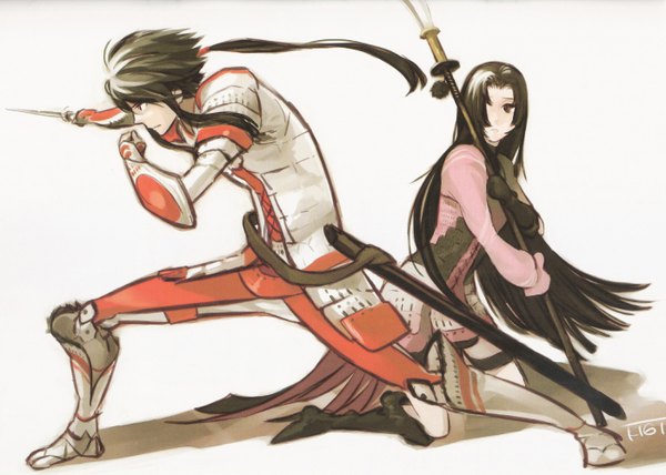 Anime picture 1400x1000 with sengoku basara production i.g oichi azai nagamasa nirok long hair fringe black hair simple background white background brown eyes ponytail very long hair profile hair over one eye samurai girl boy skirt gloves