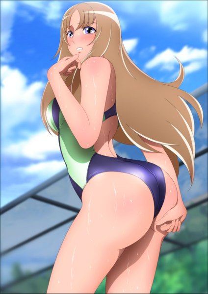 Anime picture 1200x1697 with saint seiya toei animation aquila yuna yadokari genpachirou single long hair tall image blush blue eyes light erotic brown hair sky cloud (clouds) ass girl swimsuit one-piece swimsuit competition swimsuit