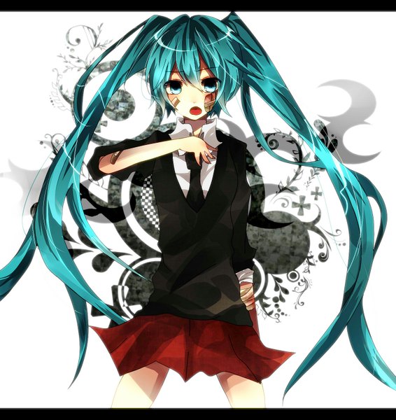 Anime picture 1444x1529 with vocaloid rolling girl (vocaloid) hatsune miku mosuya (artist) long hair tall image open mouth blue eyes twintails aqua hair bandaid on face bandaid on arm girl skirt miniskirt necktie bandaid