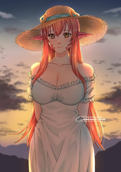 Anime picture 800x1132 with monster musume no iru nichijou miia (monster musume) moon mirage single long hair tall image looking at viewer blush fringe breasts smile hair between eyes large breasts standing yellow eyes payot sky cleavage cloud (clouds) outdoors