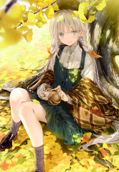 Anime picture 2097x3011 with original dsmile single long hair tall image looking at viewer blush fringe highres smile sitting green eyes silver hair full body bent knee (knees) outdoors blunt bangs braid (braids) long sleeves blurry