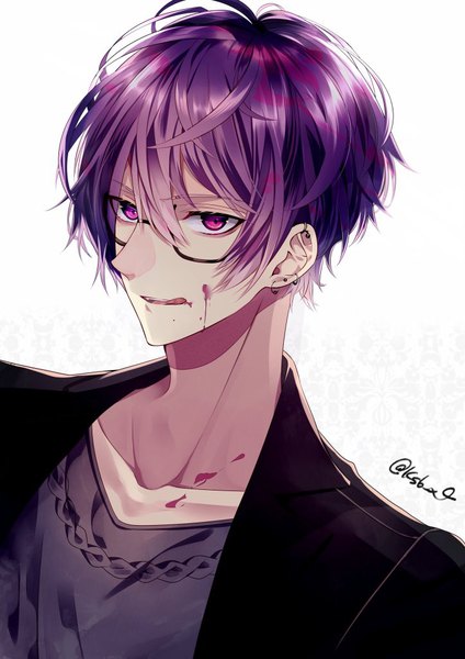 Anime picture 724x1024 with original ksb_x4 single tall image looking at viewer fringe short hair simple background hair between eyes purple eyes signed purple hair upper body mole twitter username piercing ear piercing mole under mouth licking blood on face