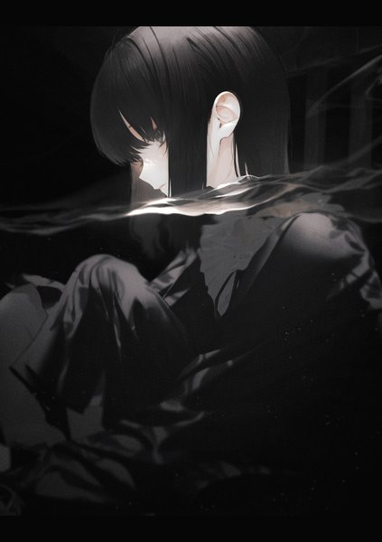 Anime picture 810x1148 with original wanke single long hair tall image fringe black hair simple background sitting payot looking away blunt bangs profile black eyes partially submerged black background letterboxed girl water