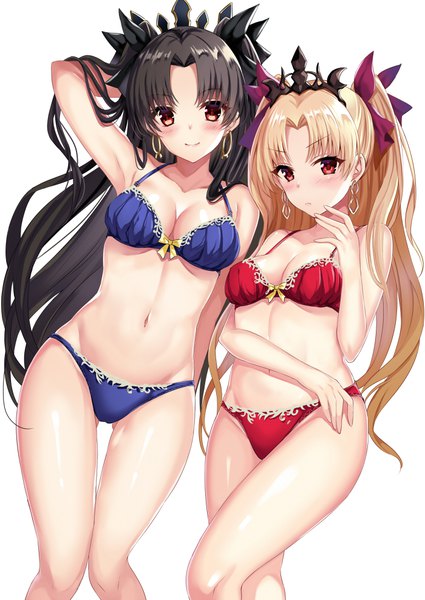 Anime picture 700x988 with fate (series) fate/grand order ishtar (fate) ereshkigal (fate) harimoji long hair tall image looking at viewer blush breasts light erotic black hair simple background blonde hair smile red eyes standing white background multiple girls cleavage