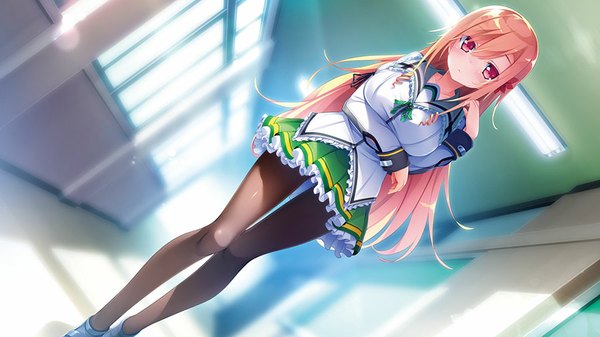 Anime picture 900x506 with hanikami kuroba single long hair looking at viewer blush fringe breasts wide image large breasts game cg pleated skirt pink eyes orange hair dutch angle drill hair adjusting hair frilly skirt girl skirt pantyhose