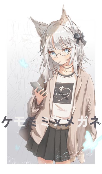 Anime picture 1100x1874 with original jerry3912 single long hair tall image looking at viewer blush fringe blue eyes standing holding animal ears silver hair blunt bangs head tilt pleated skirt arm up open jacket fox ears gradient background