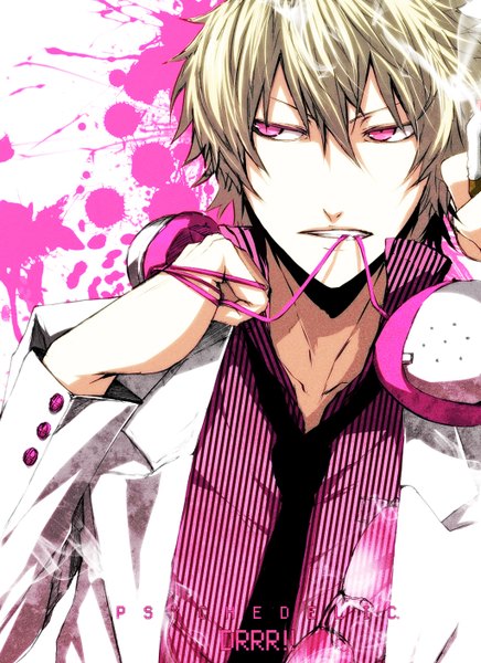 Anime picture 1024x1408 with durarara!! brains base (studio) heiwajima shizuo pizaya single tall image short hair blonde hair pink eyes inscription grin mouth hold smoke open collar boy glasses necktie headphones suit wire (wires)