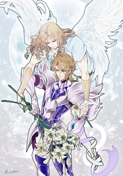 Anime picture 1051x1500 with saint seiya toei animation grani sigmund dubhe siegfried jobo (isi88) long hair tall image fringe short hair hair between eyes brown hair holding signed eyes closed light smile multiple boys twitter username scar angel wings curly hair