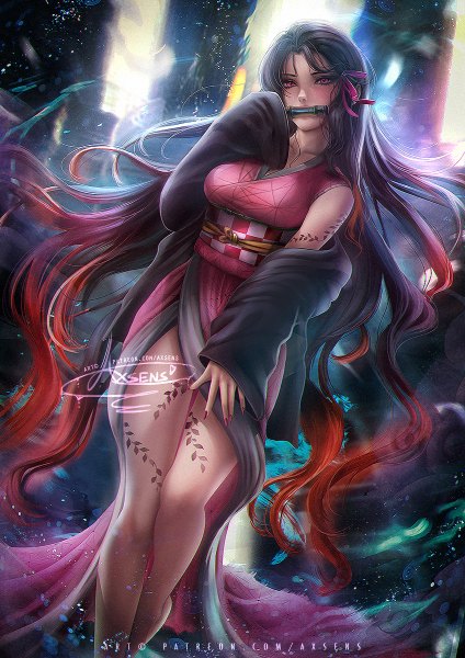 Anime picture 848x1200 with kimetsu no yaiba ufotable kamado nezuko axsen single long hair tall image looking at viewer fringe black hair standing holding signed long sleeves nail polish traditional clothes japanese clothes pink eyes multicolored hair fingernails