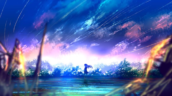 Anime picture 3840x2160 with original goroku single long hair highres wide image standing absurdres sky cloud (clouds) outdoors wind sparkle landscape nature girl plant (plants)