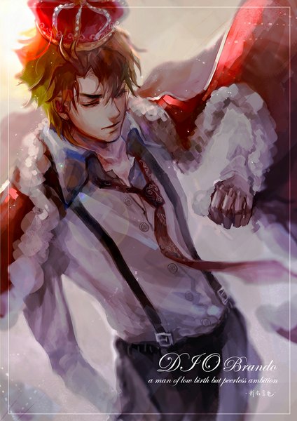 Anime picture 707x1000 with jojo no kimyou na bouken dio brando oreki genya single tall image short hair brown hair eyes closed from above wind character names open collar framed hand in pocket boy shirt necktie white shirt cape crown