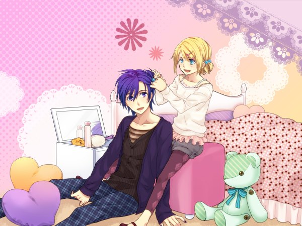 Anime picture 1200x900 with vocaloid kagamine rin kaito (vocaloid) tagme (artist) blush short hair open mouth blue eyes blonde hair smile sitting blue hair couple girl boy pillow bed teddy bear