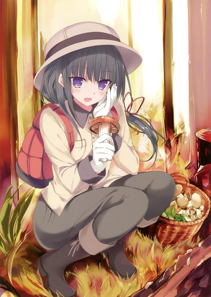 Anime picture 2494x3500 with original buta dancho single long hair tall image blush highres open mouth black hair purple eyes holding full body :d scan low ponytail squat hand on cheek girl gloves plant (plants)