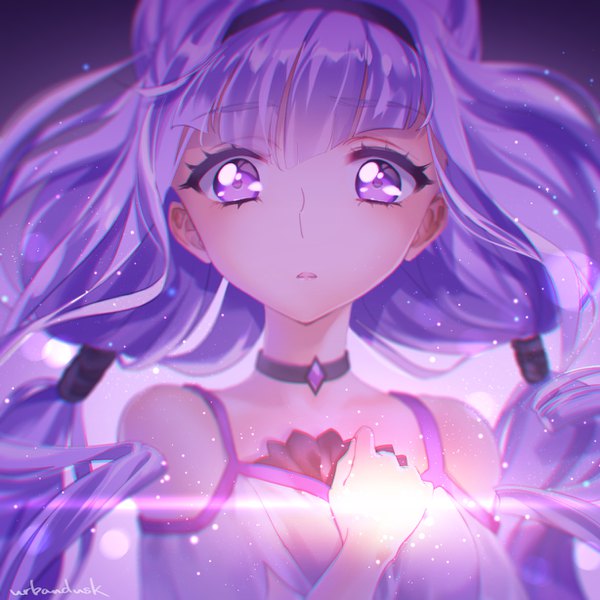 Anime picture 1228x1228 with precure hugtto! precure toei animation ruru amour urbandusk single long hair looking at viewer fringe purple eyes twintails signed purple hair upper body parted lips low twintails hand on chest anaglyph girl choker