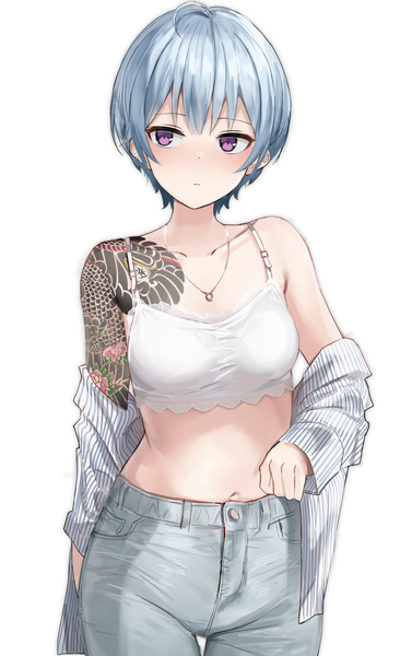 Anime picture 1783x2840 with original shengtian single tall image blush fringe highres short hair simple background standing white background purple eyes bare shoulders looking away silver hair ahoge off shoulder midriff tattoo girl