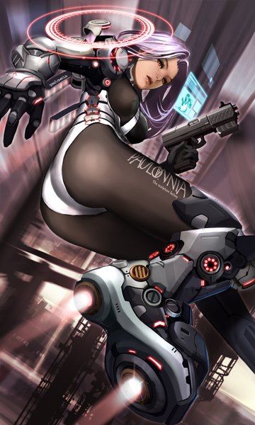 Anime picture 1920x3200 with original sappo (artist) single long hair tall image looking at viewer highres light erotic red eyes purple hair from below girl gloves weapon boots gun building (buildings) suit pistol