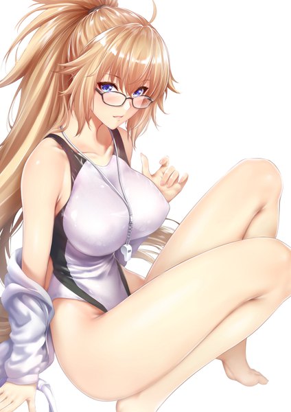 Anime picture 706x1000 with fate (series) fate/grand order jeanne d'arc (fate) (all) jeanne d'arc alter (fate) jeanne d'arc (swimsuit archer) zucchini single long hair tall image looking at viewer blush fringe breasts blue eyes light erotic simple background blonde hair hair between eyes large breasts white background