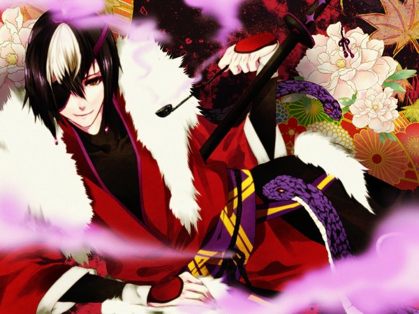 Anime picture 1024x768 with pop'n music gijiri lutherum single long hair looking at viewer short hair black hair brown eyes white hair lying traditional clothes multicolored hair light smile two-tone hair smoke reclining boy flower (flowers) sword
