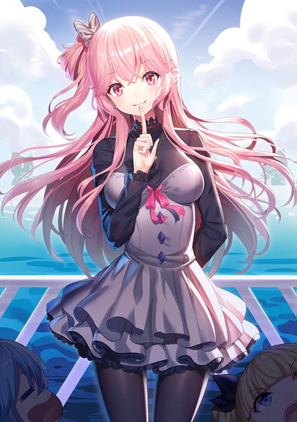 Anime-Bild 847x1200 mit original emily stock ririko (zhuoyandesailaer) long hair tall image looking at viewer blush fringe breasts open mouth blue eyes blonde hair smile hair between eyes red eyes standing multiple girls pink hair sky cloud (clouds)