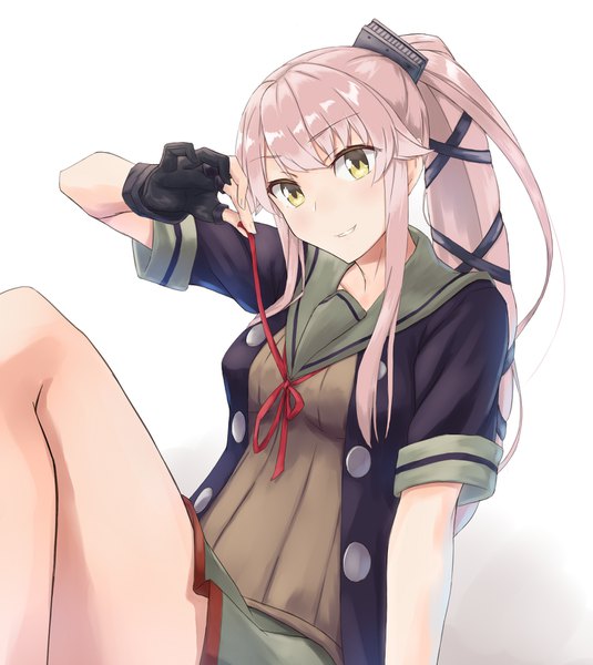 Anime picture 1381x1548 with kantai collection yura light cruiser hiiragii (hiiragi 0404) single long hair tall image looking at viewer simple background white background sitting yellow eyes payot pink hair ponytail remodel (kantai collection) girl skirt gloves uniform ribbon (ribbons)
