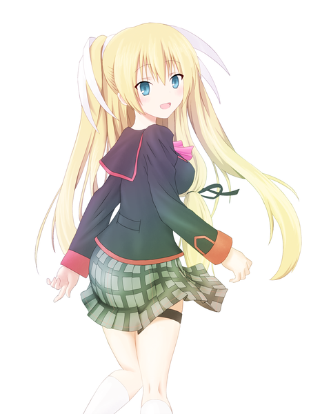 Anime picture 1000x1250 with little busters! key (studio) tokido saya yukimaru setsugekka single long hair tall image looking at viewer fringe open mouth blue eyes blonde hair smile twintails looking back from behind girl skirt uniform ribbon (ribbons)