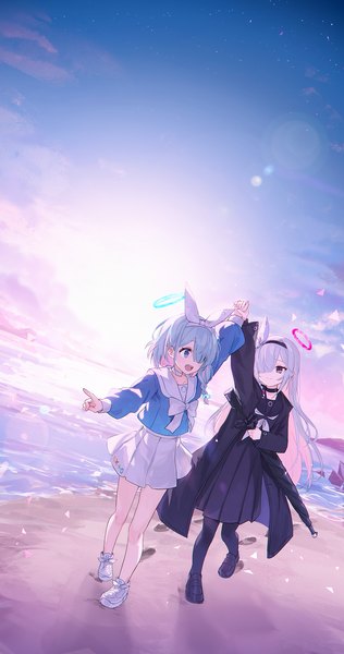 Anime picture 1052x2000 with blue archive arona (blue archive) plana (blue archive) makihitsuji long hair tall image fringe short hair open mouth blue eyes smile purple eyes multiple girls holding pink hair sky silver hair cloud (clouds) full body ahoge