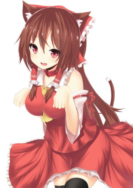 Anime picture 2500x3536 with touhou hakurei reimu morinaoekaki single long hair tall image blush highres open mouth simple background red eyes brown hair white background animal ears cat ears cat girl cat tail miko girl thighhighs